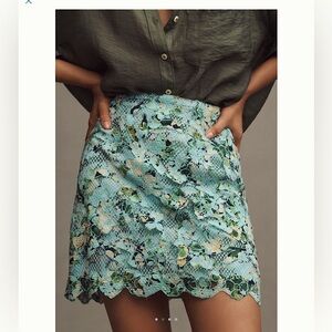 Anthropologie Skirt Printed Embroidered Lace Mini NEW Small Blue Green